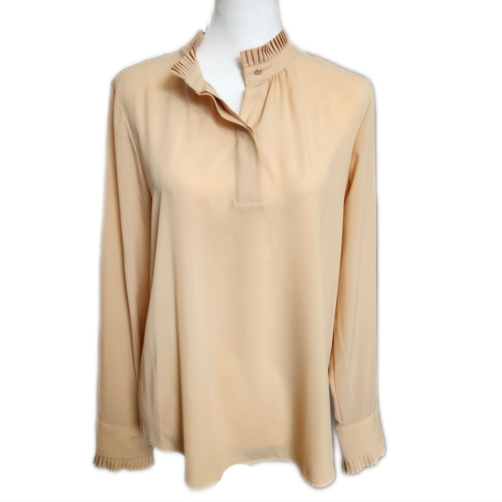 Calvin Klein dusty yellow gold blouse, high neck, long sleeves,  v-neck, M